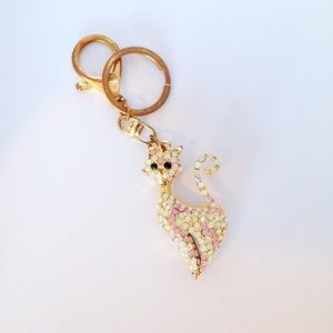 Woman's Rustic Style Gold Rhinestone Cat Keychain